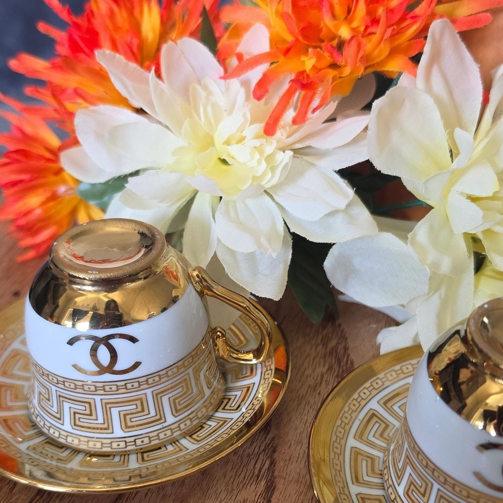 Gilded White Gold Greek Key Tea Cup Set of 2 - Picture 6 of 9